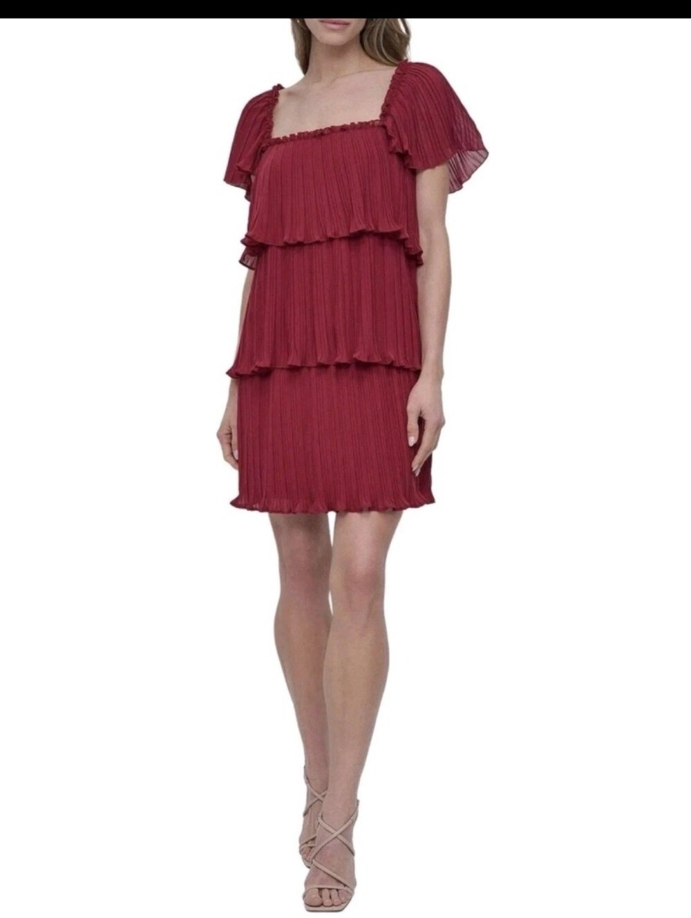DKNY Burgundy Pleated Chiffon Dress Size 10 Ruffle Tiered Flutter Sleeve Cockail